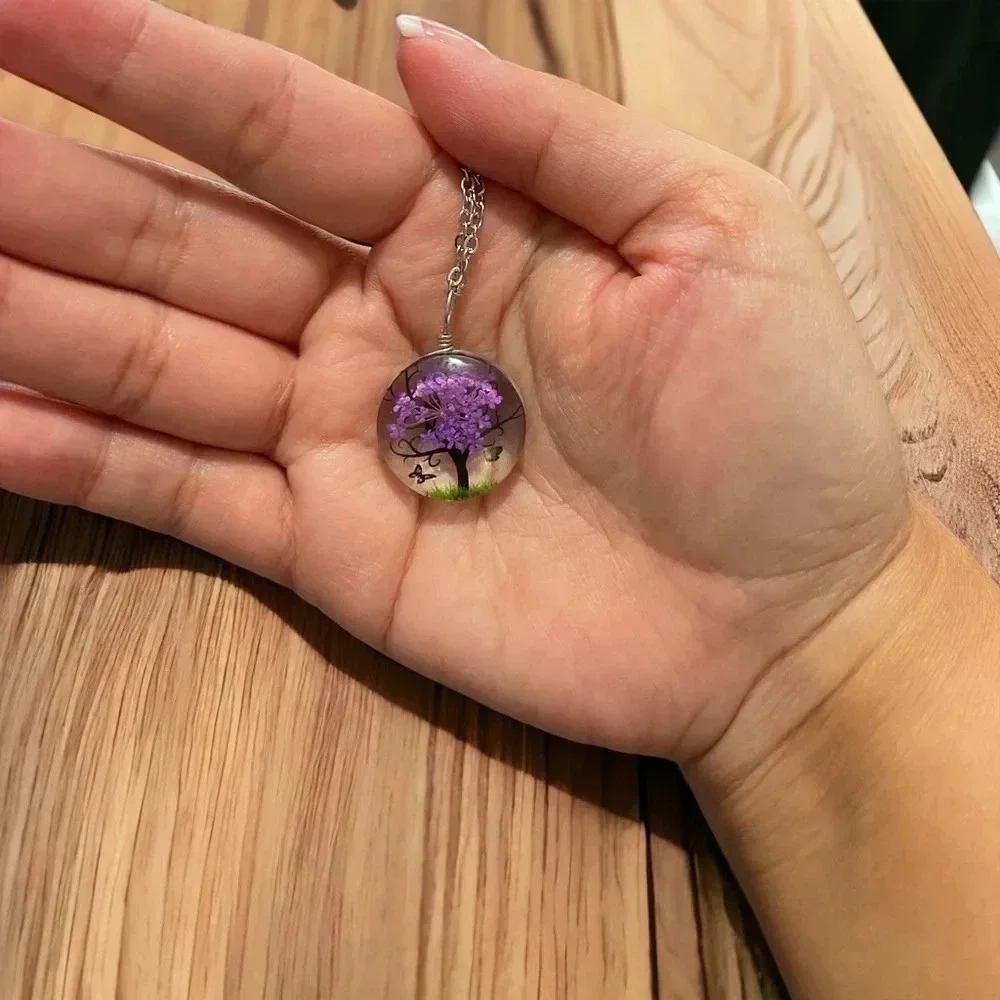 1 LEFT Resin Flower Pressed & Tree Circle Pendant Charm Stainless Steel Necklace